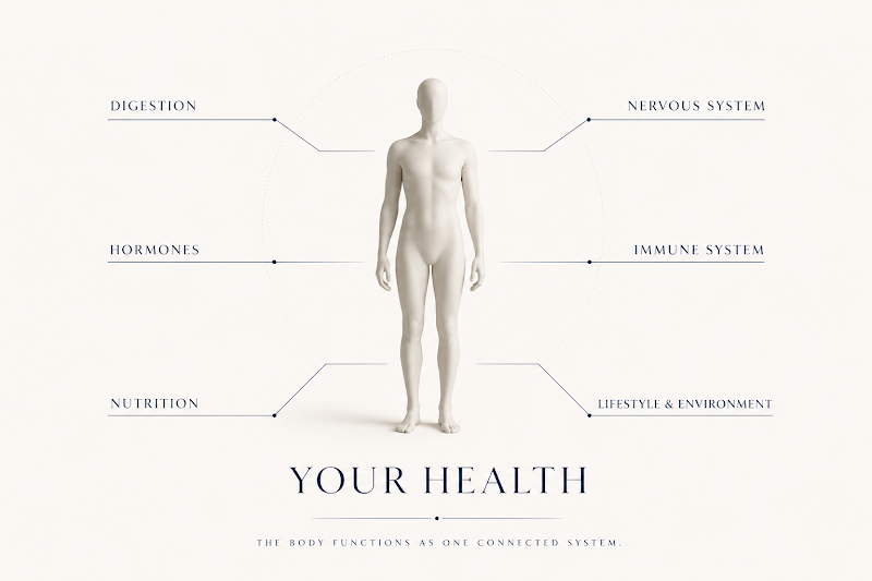 Your Health: the body functions as one connected system — digestion, hormones, nutrition, nervous system, immune system, lifestyle and environment.